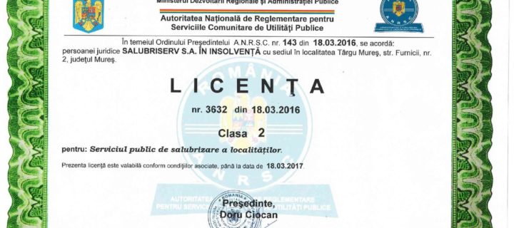 Salubriserv ne arată licența de operare